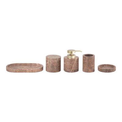 China Natuurbruine marmeren badkamer set ronde marmeren handzeep dispenser badkamer countertop accessoires Te koop