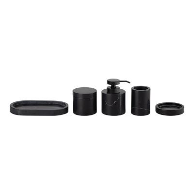 China Negro natural con negro margenua conjunto de baño de mármol redondo distribuidor de jabón para manos de mármol conjunto de accesorios de escritorio de baño en venta