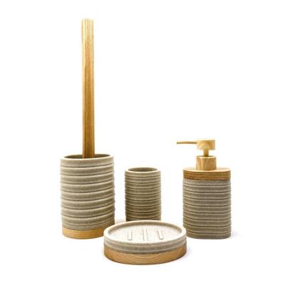 China Ribbed circles line polyresin bathroom sets wood base bathroom countertop accessories polyresin soap dispenser for sale