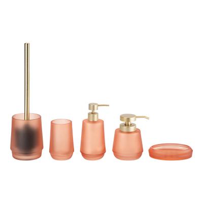 China Glass bathroom accessories set frosted orange round shape gold pump glass soap dispenser bathroom countertop accessories en venta