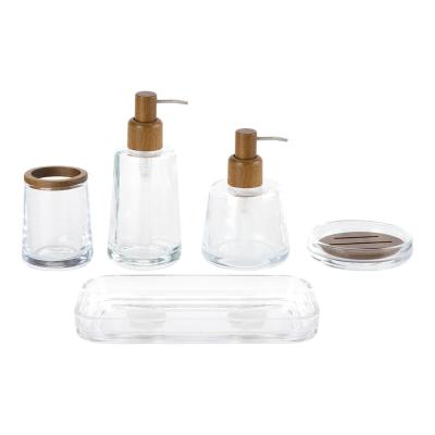 China Clear glass bathroom accessories sets round shape with wood part glass soap dispenser bathroom countertop accessories for sale