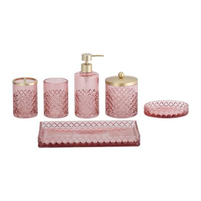 China Glass bathroom accessories set round shape pink color with diamond dots glass soap dispenser luxury bath accessories bathroom countertop accessories for sale