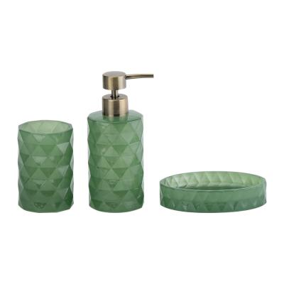 Китай Glass Bathroom Accessories set green color round shape with diamond pattern glass soap dispenser hand soap bottle soap dish for bathroom продается