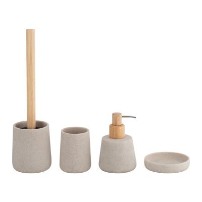 Китай Sand stone bathroom accessories set round taper shape with wooden pump head soap dish holder toilet brushes продается