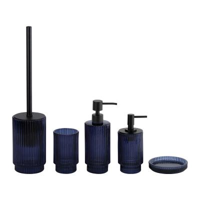 China Modern Blue Glass Bath Accessories Set Round Shape with Ribbed Vertical Stripe and Soap Dispenser/Toilet Brush Holder for sale