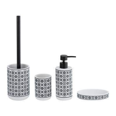 China Accesorios de baño de poliresina Conjunto de forma redonda Color blanco con patrón vintage negro Dispensador de jabón de poliresina Dispositivo de jabón para el baño en venta