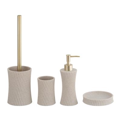 China Sand Stone Bath Accessories Sets Swirl Shape With Sand Color Hand Soap Bottle Toilet Brush Holder Soap Dish for sale