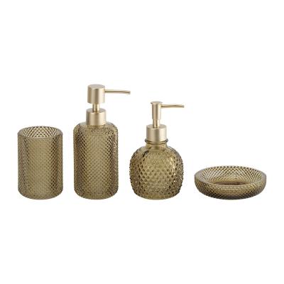 China Glass bathroom accessories set green color round shape with small dot hand wash dispenser toilet brushes tumbler holder for sale