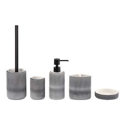 China Sand stone bath accessories sets round & oval shape white color with balck swirl pattern hand wash dispenser bowl brush toothbrush tumbler holder for sale