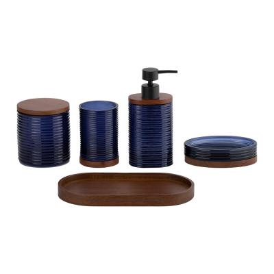 China Glass bathroom accessories set blue color oval shape with wood part hand wash dispenser bathroom countertop accessories toothbrush tumbler holder for sale