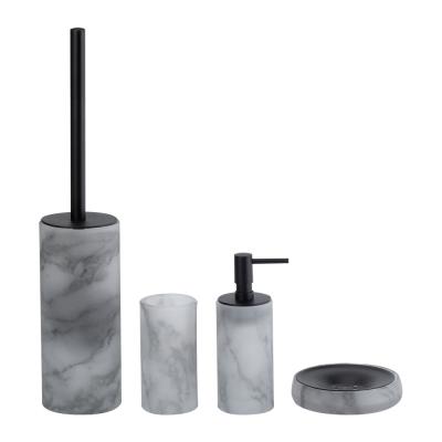 China Glass Bathroom Accessories Set Round Shape With Marble Print Glass Lotion Dispenser Bottle Toothbrush Cup for sale