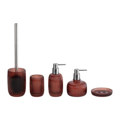 China Glass Bathroom Accessories Set Red Color Round Shape With Ribbed Vertical Stripe Toilet Brush Cleaner for sale