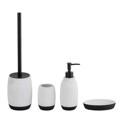 China Cement Bathroom Accessories Set White With Black Print And Ribbed Vertical Stripe Hand Soap Dispenser Pump Toilet Brush Cleaner for sale