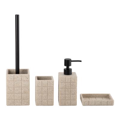 Cina Sand Stone Bath Accessories Sets Square Shape With Square Box Polyresin Soap Dispenser Toilet Brushes in vendita