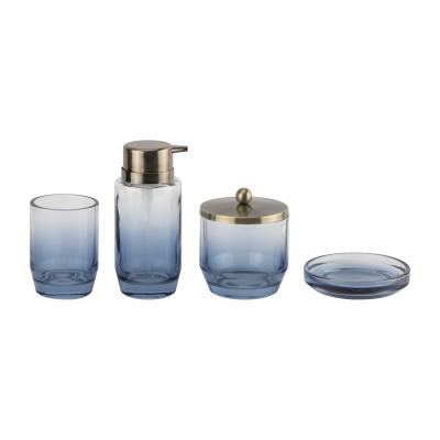 China Ombre Blue Glass Bathroom Accessories Set Round Shape Lotion Dispenser Bottle Included for sale