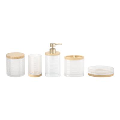 China Clear modern glass bath accessories round shape with wood part hand soap bottle dispenser soap dish for bathroom toothbrush tumbler holder for sale