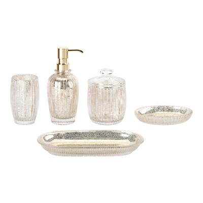 China Mercury gold glass bathroom accessories set round shape with ribbed vertical stripe glass soap dispenser glass toothbrush holder soap dish holder for sale