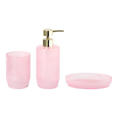 China Cloudy Pink Glass Modern Bathroom Accessories Set Round Shape Hand Soap Dispenser Soap Dish For Shower Tumbler for sale