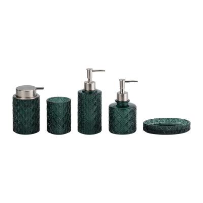 China Donkergroen glas modern badkamer accessoires set ronde vorm met diamant patroon handzeep dispenser zeep schotel voor douche Te koop