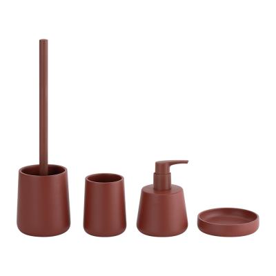 China Polyresin bathroom countertop accessories round taper shape with red color toilet brushes hand soap dispenser tumbler holder soap dish washroom accessories for sale