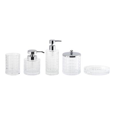 China Glas badkamer countertop accessoires heldere ronde vorm met grote checkbox katoenen pot badkamer tumbler zeepbak Te koop