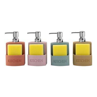 China 2N1 Sand stone soap dispenser with ABS pump head and sponge and debossed letter KITCHEN on front pocket kitchen utensil caddy soap dispenser en venta