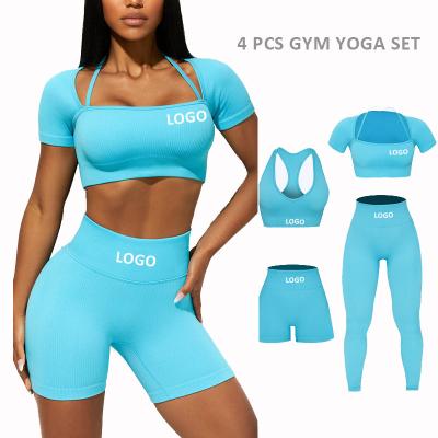 China 2022 New Arrivals Breathable Sports Shorts Women Seamless Gym Fitness Use Running Clothing Ribbed Workout 4 Pieces Yoga Set for sale