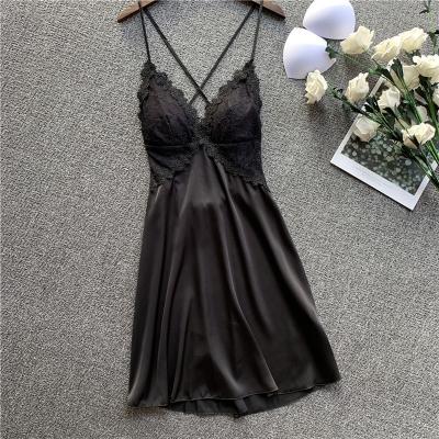 China QUICK DRY sexy silk summer lace satin nightgown women breathable sleepwear with breast pad ladies silky night wear for sale