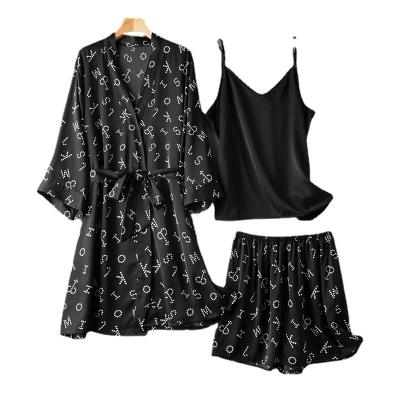 China 2022 Sexy QUICK DRY Soft Long Robe Ladies Satin Printing Women Sleepwear Camisoles With Shorts Pajamas 3 Piece Set for sale