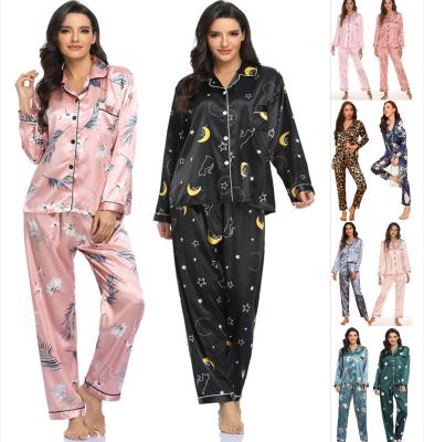 China QUICK DRY Long Sleeve Autumn Silk Pajamas Quality Satin Family Home Wear Color Print Pajamas Pajamas Set for sale