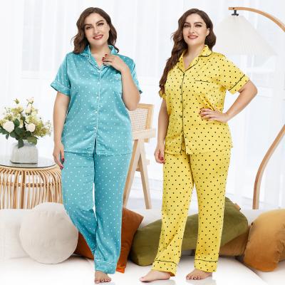 China Wholesale FREE SAMPLE QUICK DRY Short Sleeve Polka Dot Silk Two Piece Sleepwear Plus Size 2 Nightgowns Satin Pajama Set for sale