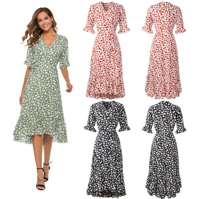 China New dry cleaning beach dress spring and summer chiffon printed long ruffled dress big swing dress French slim dress for sale