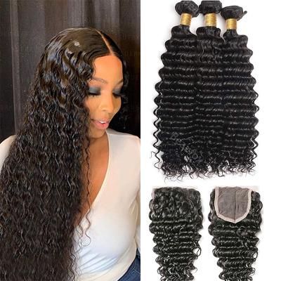 China Deep Wave Deep Wave Hair Bundles With Closure Brazilian Hair Extensions Virgin Hair Weave Bundles for sale