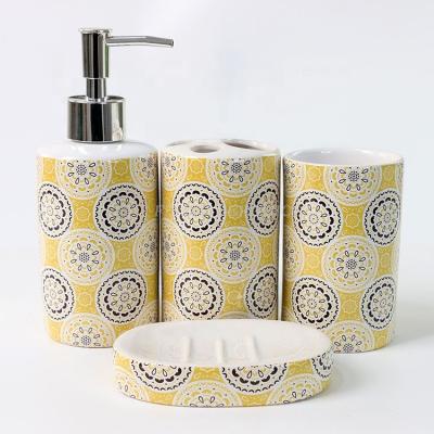 China Sustainable Modern Nordic Designs Bathroom Set Porcelain Liquid Soap Pump Dispenser Set Ceramic Bathroom Accessories for sale