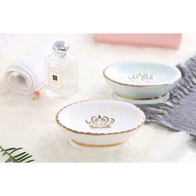 China 2021 Modern Amazon Best Seller Home Decor Round Design Elegant Porcelain Ceramic Soap Dish Holder With Gold Drawing for sale