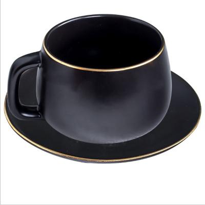 China Customized Logo Gloss Black White Colored Ceramic Coffee Cup And Saucer Sets Stocked With Gold Line Porcelain Cups Plate Dish Rim for sale