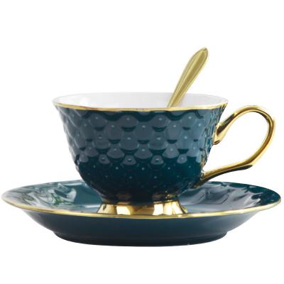 China Stocked Custom Fine Ceramic Coffee Mug and Milk Cup Gold Lace Bone China Tea Cup and Saucer Sets for sale