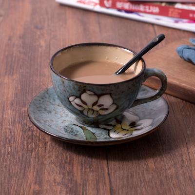 China Stocked Custom Logo Flower Printed Hand Painted Ceramic Coffee Cup And Saucer Stoneware for sale