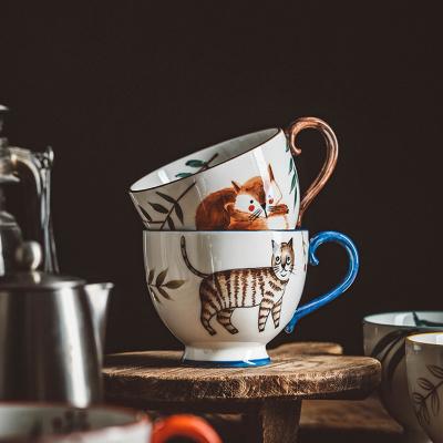 China Retro Porcelain Mug Underlay Animal Cat Hedgehog Ceramic Simple Pastoral Pottery Hand Painted Viable Bowl for sale