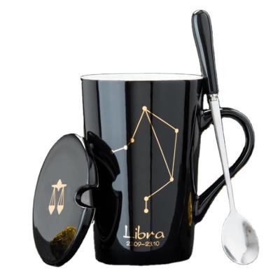 China Hot Sale 14oz Gift Viable Porcelain Cup Ceramic Mug With Lid And Spoon Zodiac Constellations Mugs Zodiac Sign Christmas Ceramic Mug for sale