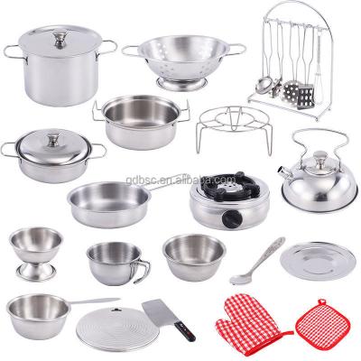 China 2021 Hot Sale 26pcs Amazon Pretend Stainless Steel Kitchen Set Toys Cooking Tableware for sale