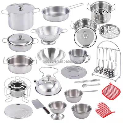 China 28pcs Stainless Steel Cooking Food Set Toy Children's Play House Toys Cookware Tool Toy for sale