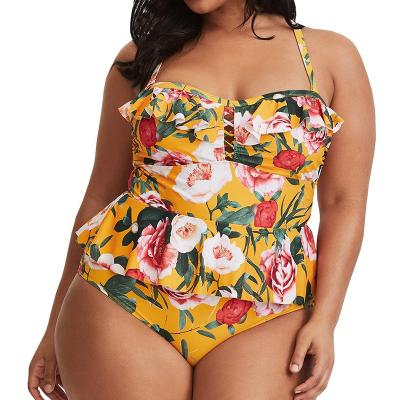 China Floral Ruffled Cross Back Anti-UV Swimsuit Swimwear For Plus Size Ladies Girl Beach Wear for sale