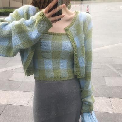 China 2022 Anti-wrinkle Fashion Grid Check Women Latest New Knitted Sweater Set for sale