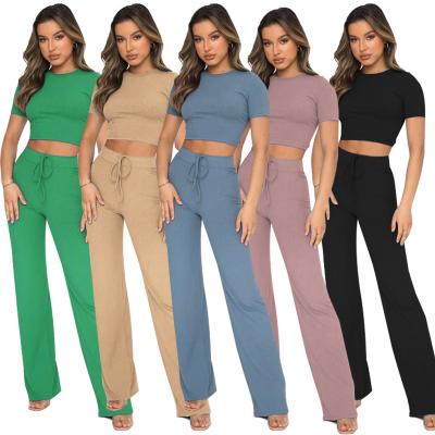 China New Fashion Anti-pilling Casual Solid Color High Elastic Body Shaping Short Sleeve Ribbed Leg Sets 2 Piece Wide Leg Women Pants for sale