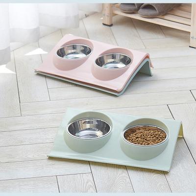 China Custom Stored Mat Feeder Double Pet Bowl Stainless Steel Non-Slip Dog Travel Bowls Double for sale