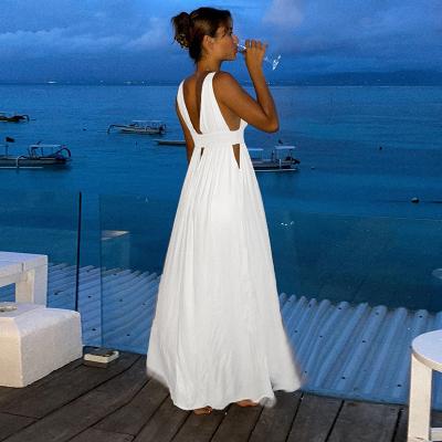 China V Neck QUICK DRY Solid Color Hollow Out Summer Long Casual Dress Split Full Length Tropical Elegant Sexy Beach Dresses for sale