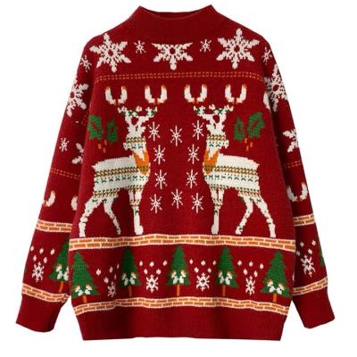 China Anti-pilling Women's Christmas Sweater Long Sleeve Pullover Cropped Sweater Woman Knitted Round Neck Christmas Sweaters for sale