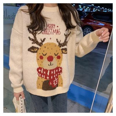 China Anti-pilling Knitted Women's Christmas Reindeer Holiday Sweater Girl Themed Knitted Sweater for sale