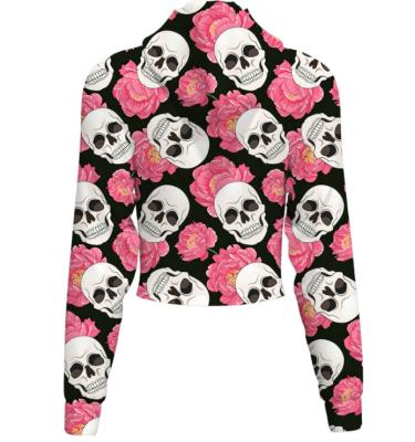 China New Anti-pilling Women's Navel Long Wrap Open Sweater Spring European And American Hot Selling Skull 3D Printing Short Hooded Top for sale